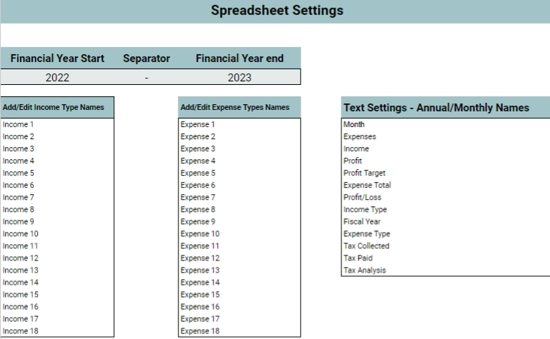 income expense settings